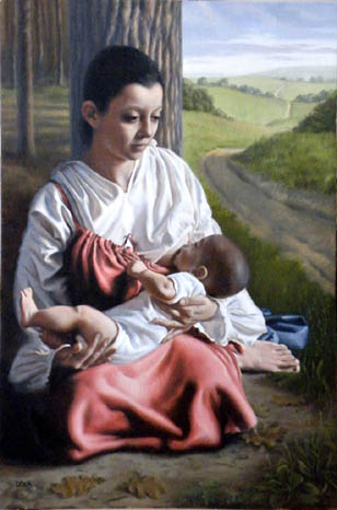 fine art oil portrait painting, mother and child, nursing madonna